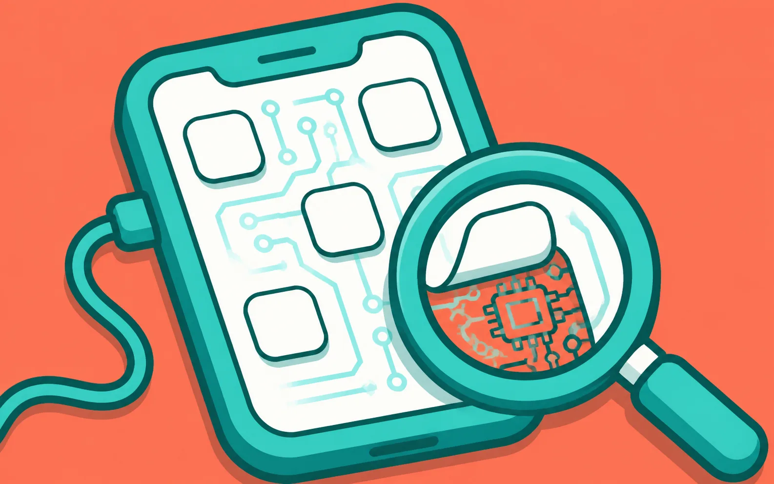 2D illustration of a magnifying glass revealing a hidden chip inside a phone app