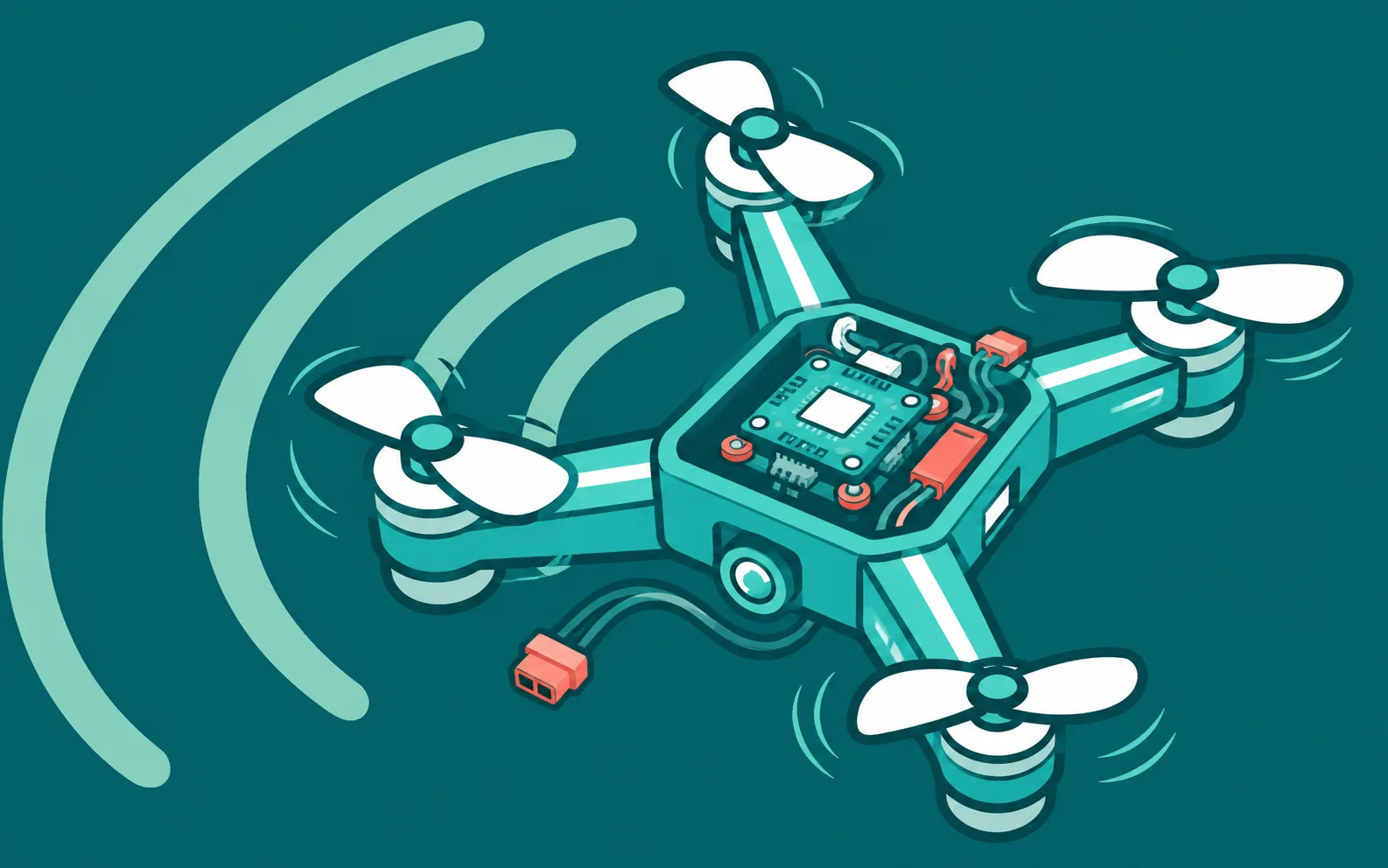 2D illustration of a turquoise drone with an exposed flight controller